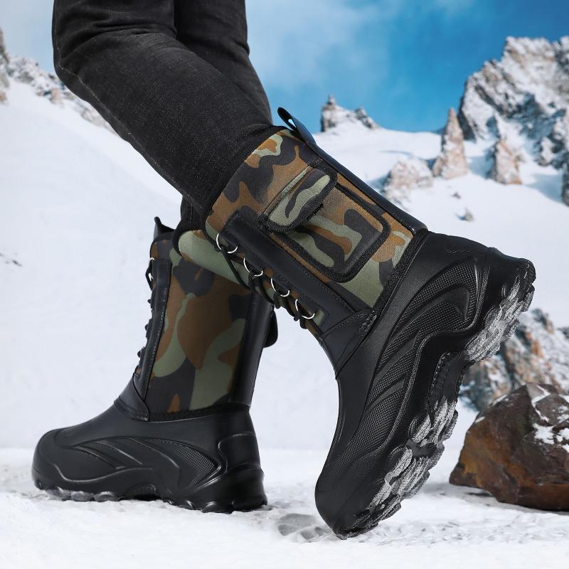 Herren Tarnung Mittelhohe Schneestiefel, Schnürung Dicke Sohle Fleecegefüttert Warm Outdoor Arbeit Baumwollschuhe