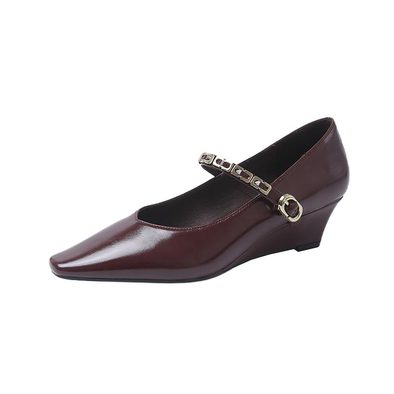 Fashion Spring New Slope Heel Shoes for Women Square Head Shallow Mouth Metal Chain Soft Sole Anti-slip Wear-resistant Single Shoes