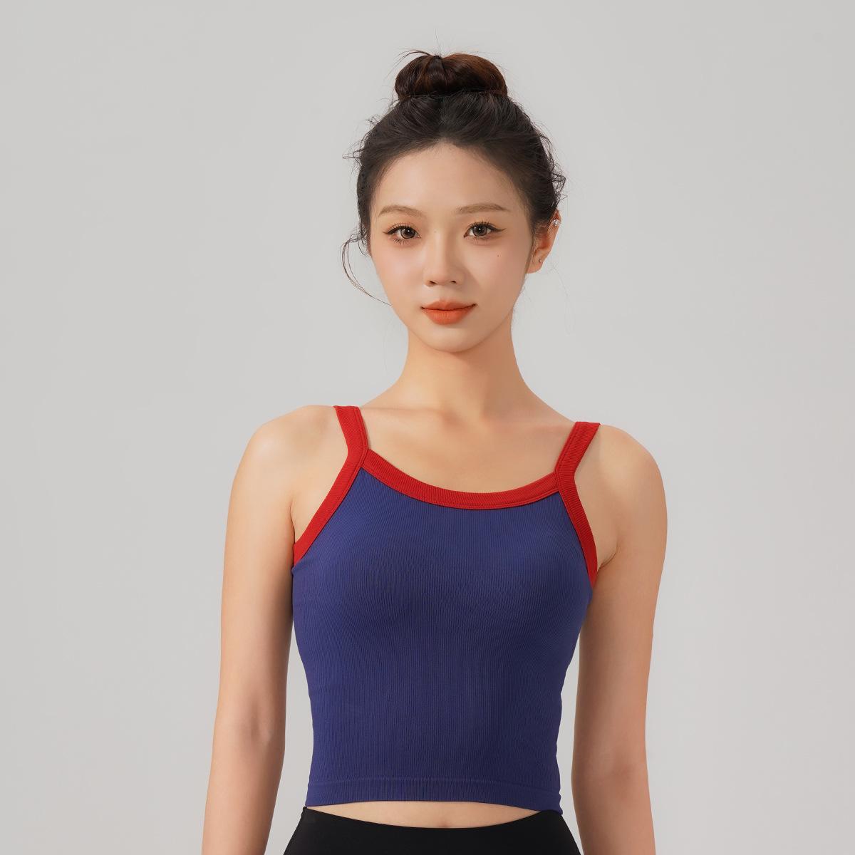 

Бесшовный спортивный бюстгальтер с антипровисанием в стиле ретро контрастного цвета с красивым дизайном спины