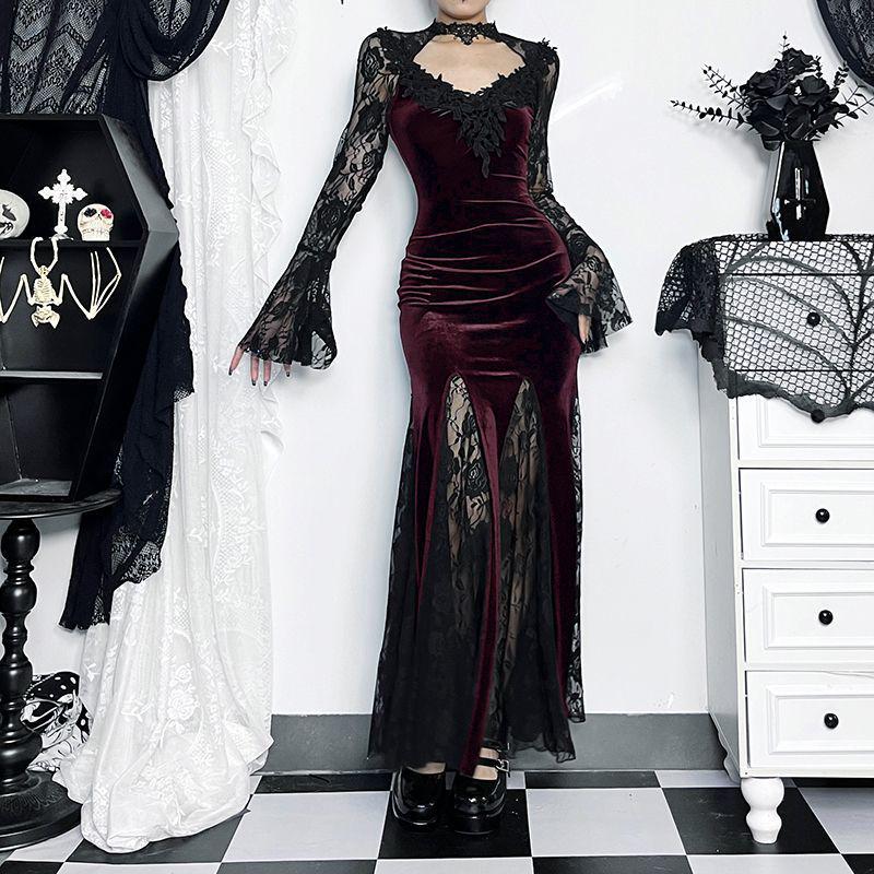 Women's Gothic Lace Long-Sleeve Halloween Mermaid Dress
