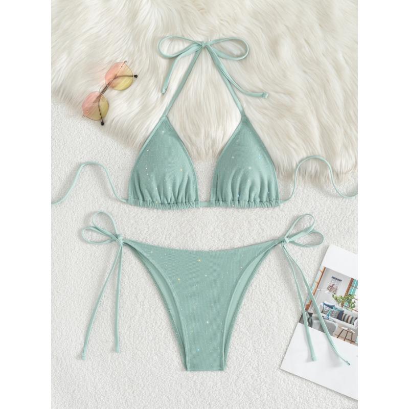 

Women s Royal Blue Glitter Triangle Bikini Set - Halter Tie Top with Side Tie Thong Bottoms S світло-зелений колір