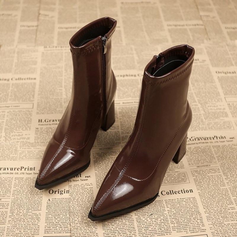 New Plus-size Shoes Pointed-toe Thick-heeled Short Ankle Boots Women's High Heels and Ankle Boots