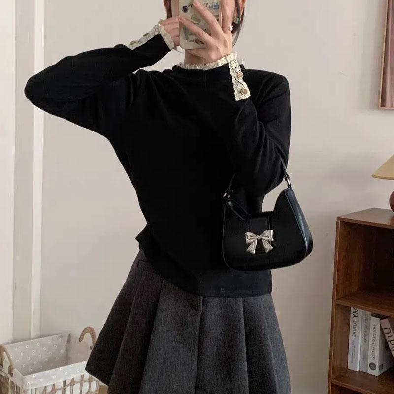 

Autumn Winter Korean Lace Spliced Pullovers Sweet Female Clothing Solid Color Basic Half High Collar Casual Long Sleeve T-shirts L чёрный