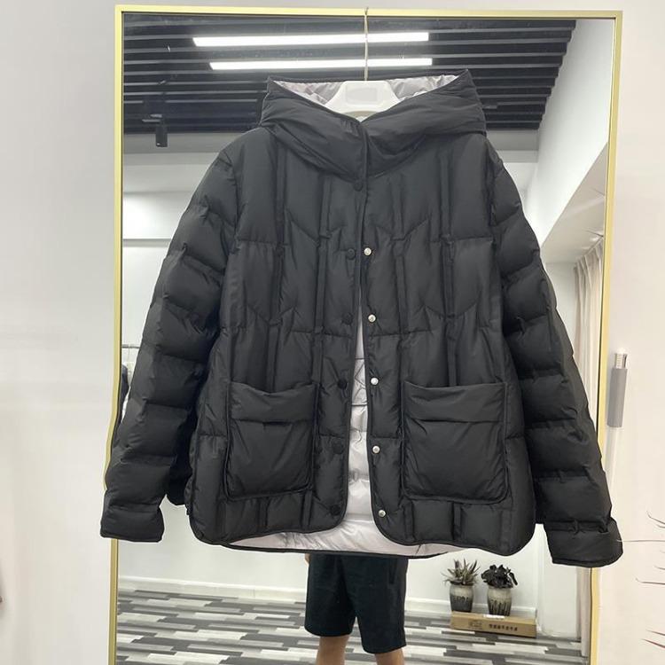 Women's Duck Down Jacket Light White Short Hooded Loose Straight Tube Coat Single Breasted Autumn Winter