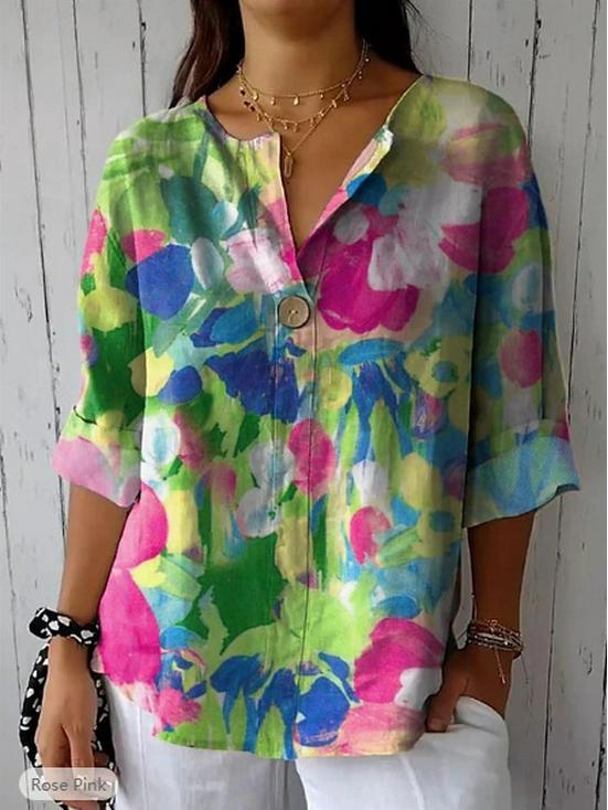 Spring & Autumn Women's V-neck Button Casual Top