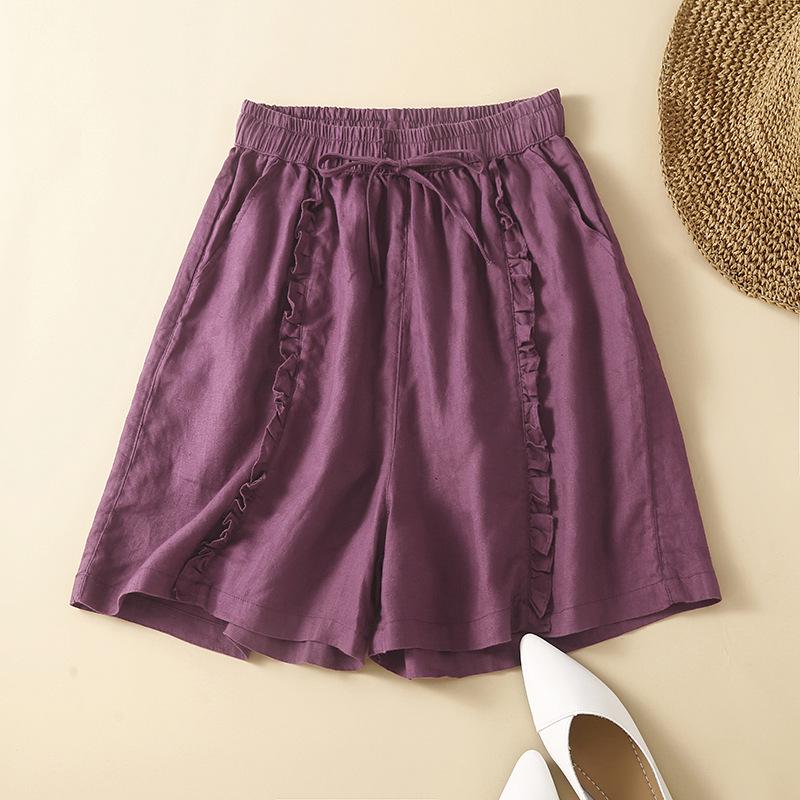 Women's Summer 2024 Retro Cotton Linen Ruffle Wide-Leg Shorts - Casual, Loose Mid-Length.