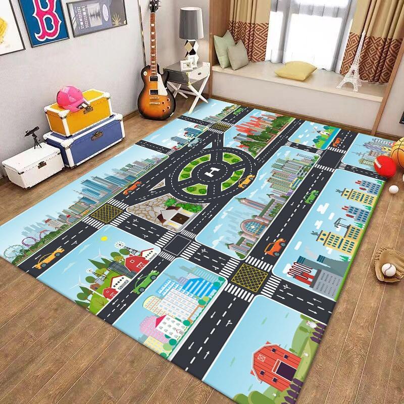 Kids Play Rug with Road Map City Scene Pattern Non Slip Educational Floor Mat for Children's Room Playroom Decor