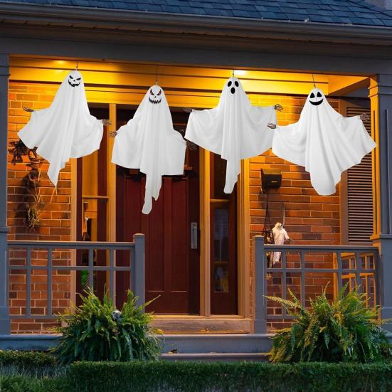 4Pcs Halloween Horror Ghost Hanging Decorations with Skeleton Hands Thriller Expressions Creepy Yard Ornaments for Front Porch And Tree
