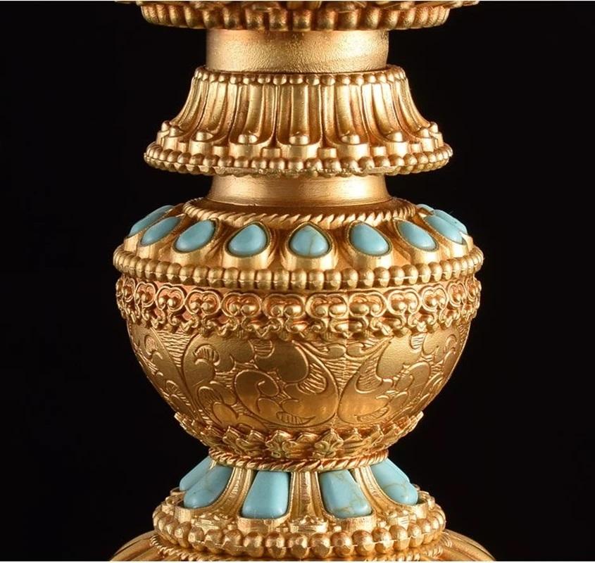 Tibetan Brass Candle Lamp Handicraft Embossed Inlaid Gem Tantric Candlestick Buddhist Wedding Altars Indoor Desktop Decoration