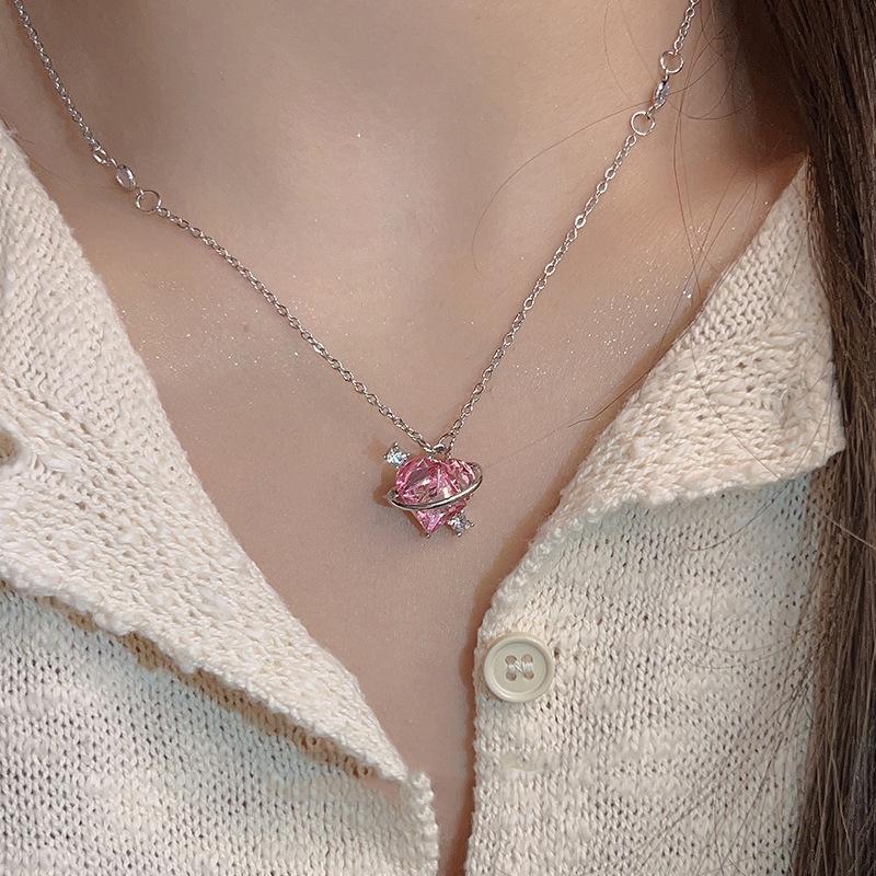 Y2K Trend Pink Planet Heart Zircon Necklaces Women Charm Aesthetic Clavicle Chain Pendent Necklace Party Jewelry Gifts
