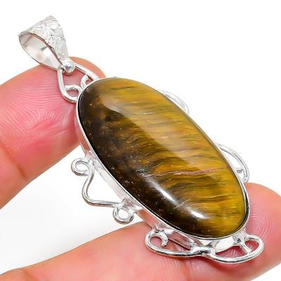 Natural Tiger Eye Gemstone Handmade 925 Sterling Silver Pendant 2.25" k3R55