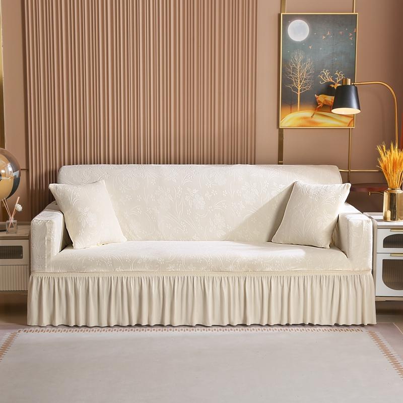 Elegant Stretchable Sofa Cover with Skirt for 1/2/3/4 Seater Soft Velvet Non-Slip Elastic Luxury Solid Color