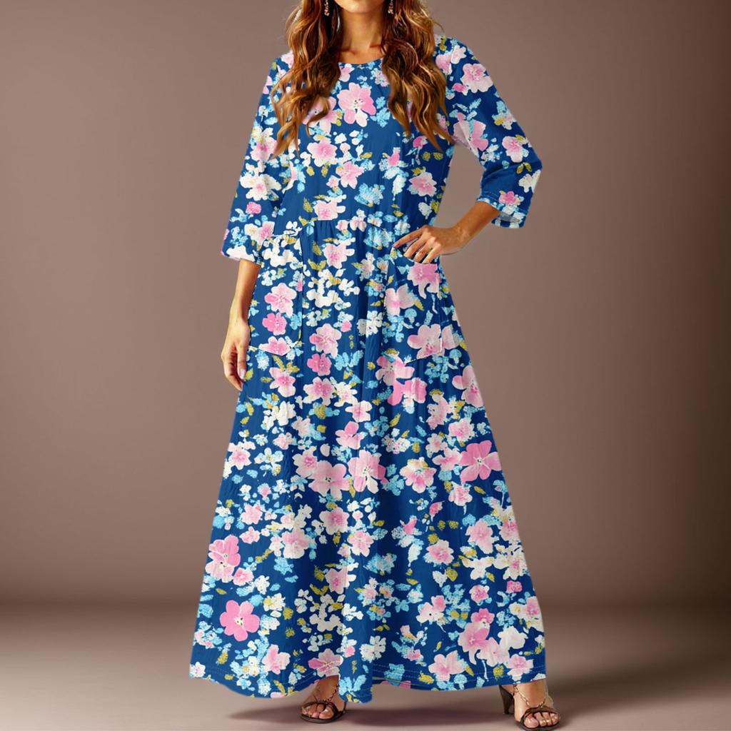 Damen Freizeitmode Blumenmuster Dreiviertelarm Langes Kleid mit Taschen