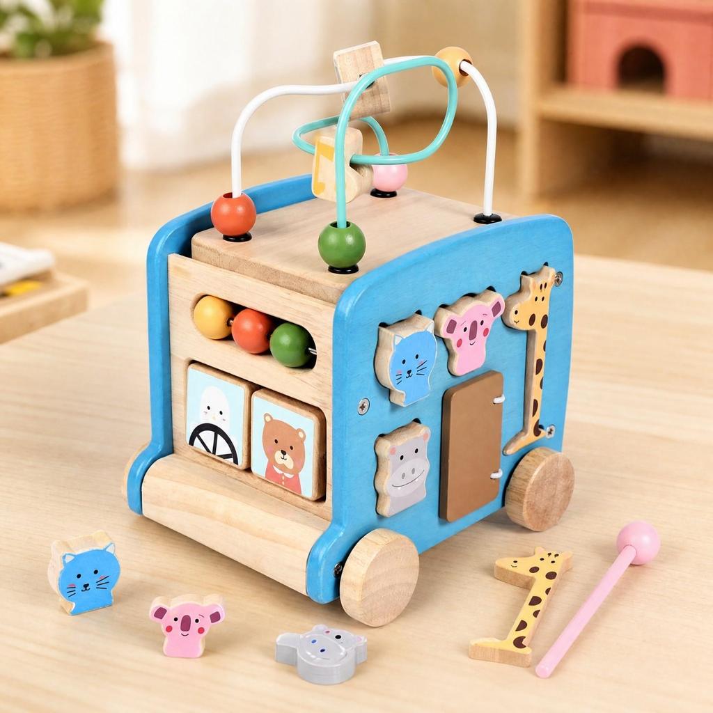 Multifunctional Wooden Bus Activity Toy Interactive Bus-Shaped