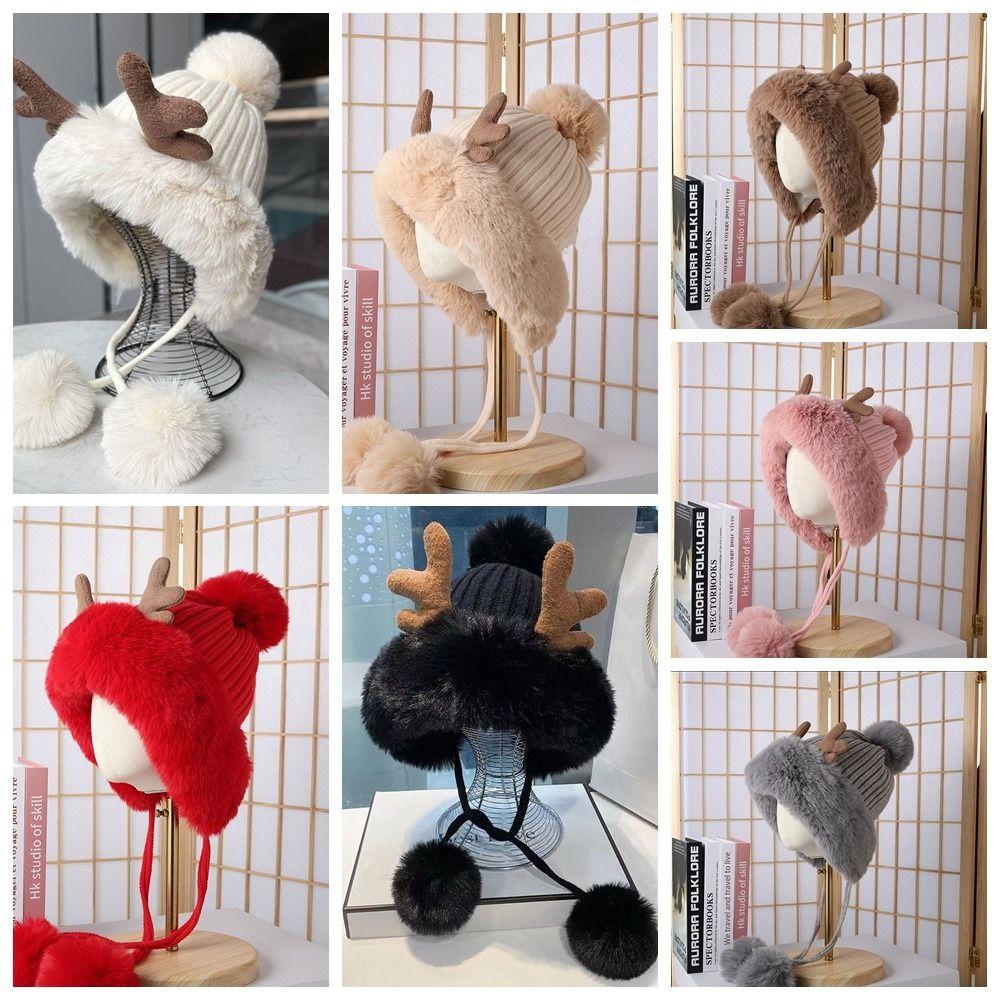 Fluffy Knit Beanie Beanie Hat Winter Plush Hat Cute Antlers Hat  Streetwear
