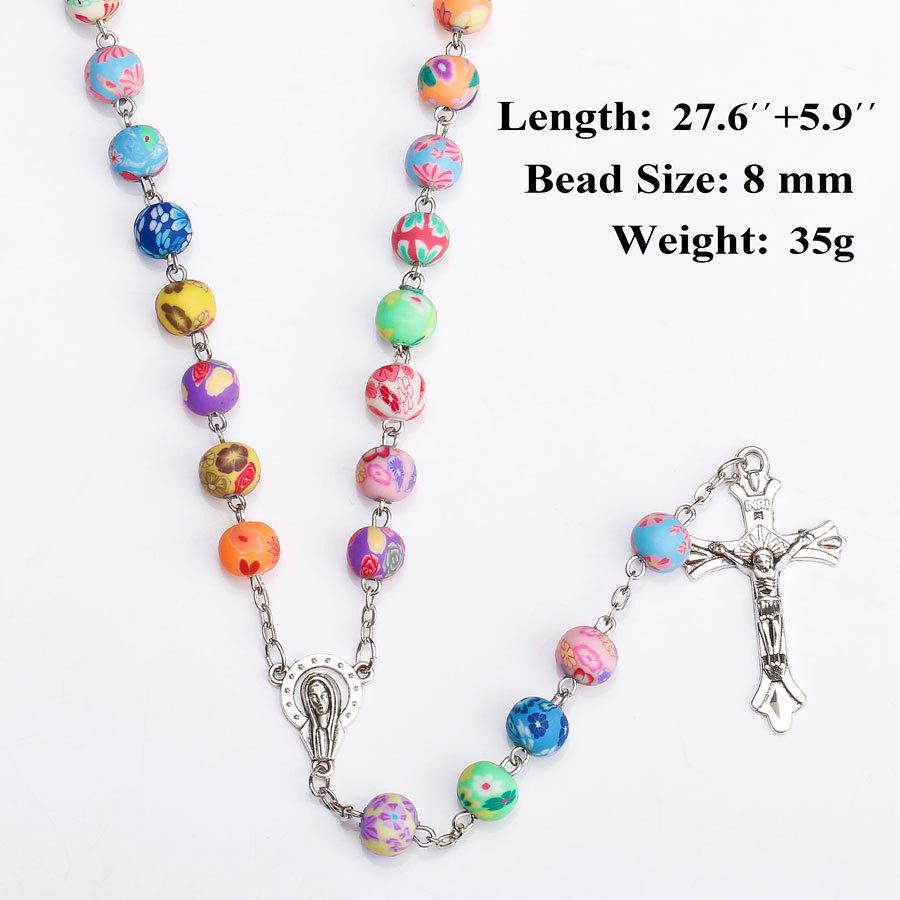 New Religion Cross Pendant Rosary Necklaces For Women Colorful Soft Pottery Beads long Chain Virgin Mary Jewelry