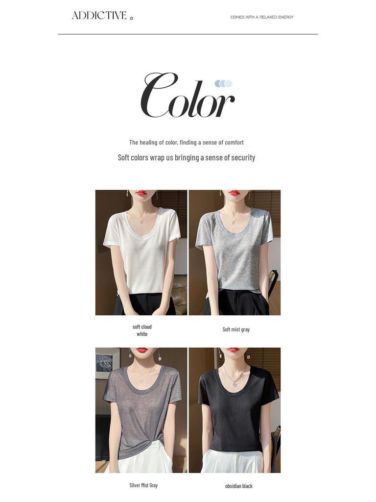 Camiseta Regata Feminina Slim de Manga Curta com Decote U Verão 2025