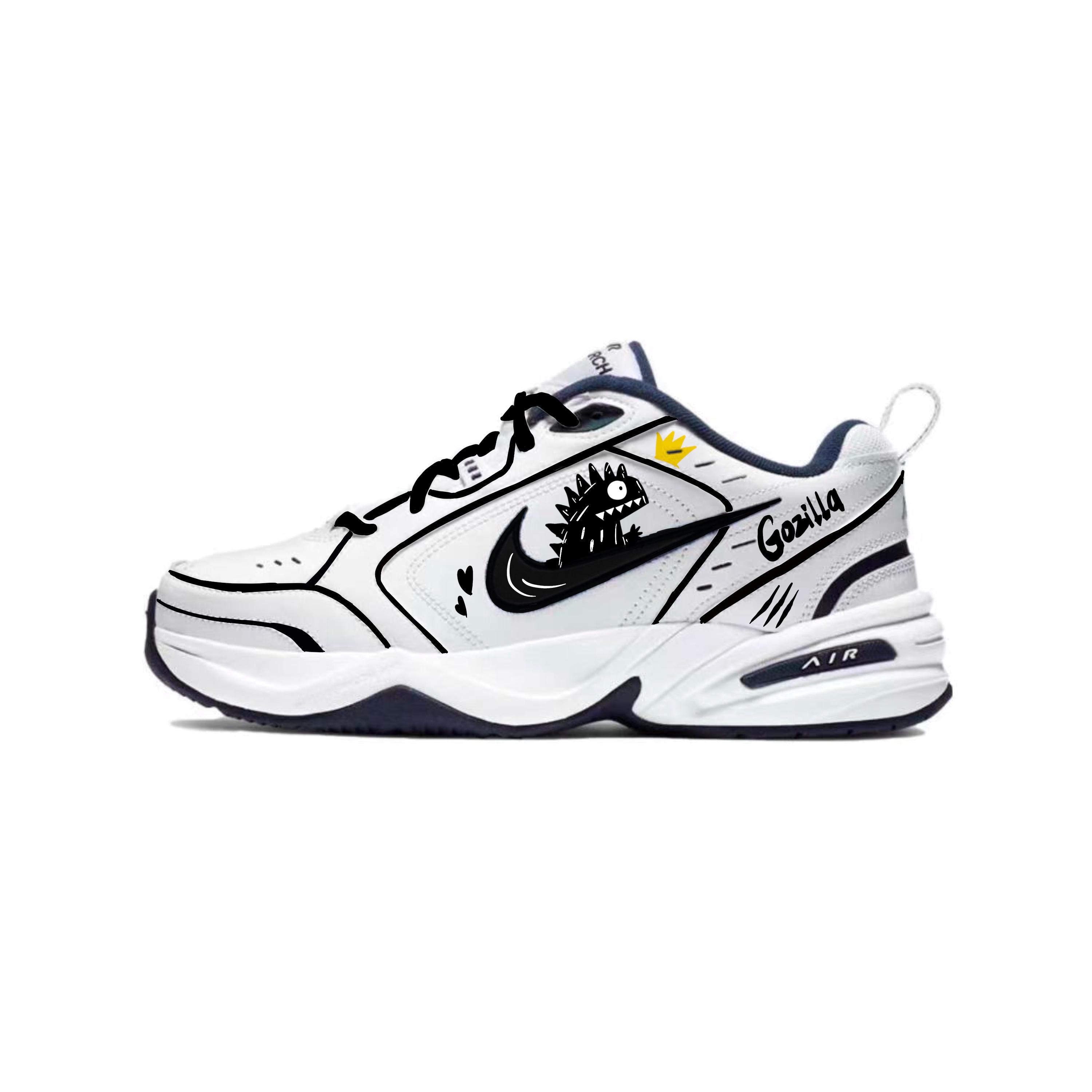 

Nike Air Monarch 4 Godzilla Synthetic Leather Comfortable Abrasion Resistant Low top Chunky Sneakers Unisex Black White 415445-101(Team640-) 42.5