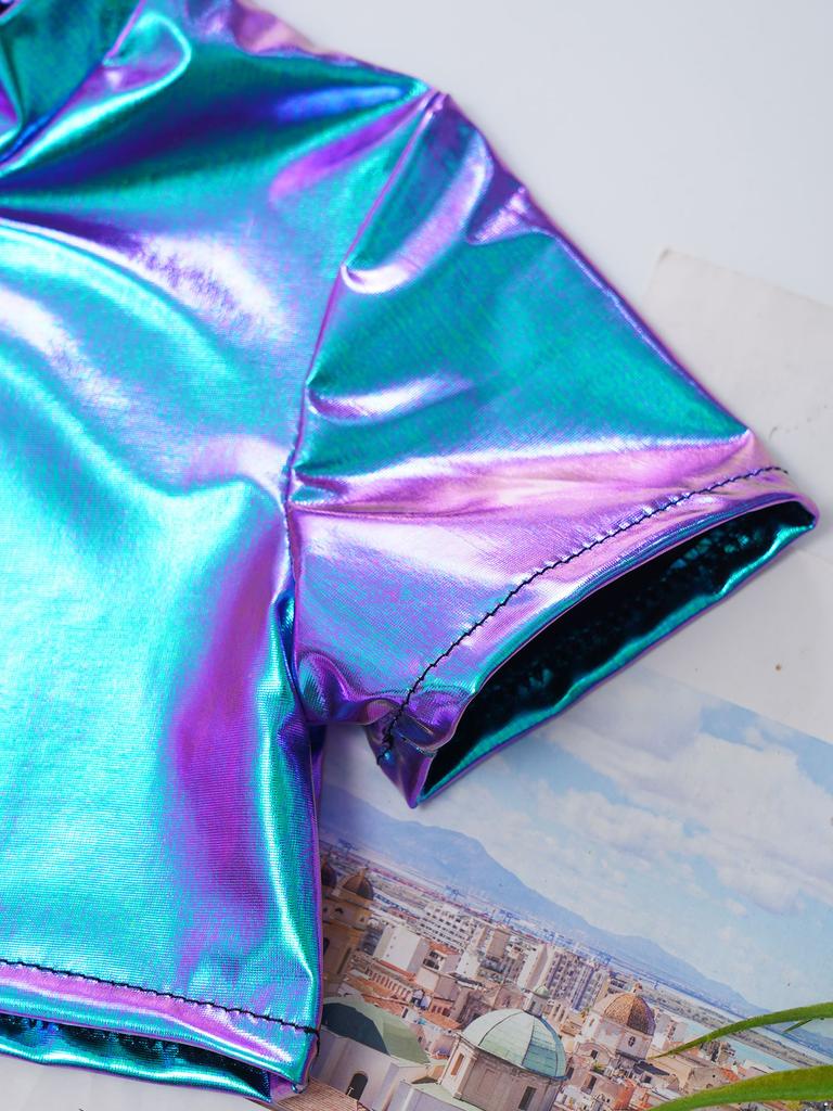 Girls Jazz Dance Top Metallic Short Sleeve Round Neck Crop Tee for Cheerleading Stage Performance