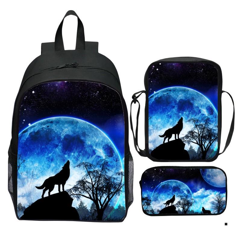 Bedruckter Universum Sternenhimmel Rucksack 3-teiliges Set Tier Wolf Löwe Rucksack Kleine Umhängetasche Federmäppchen