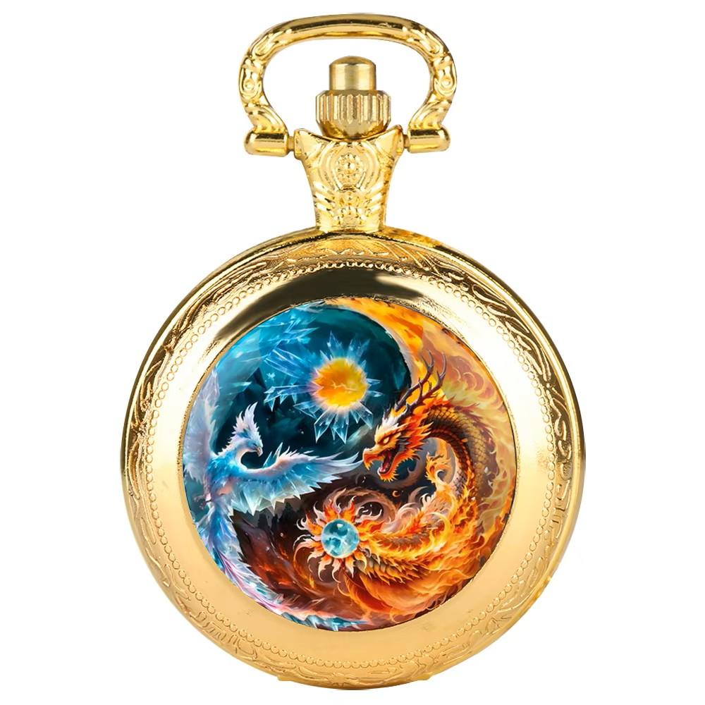 Vintage Retro Antique Dragon Phoenix Chinese Yin Yang Quartz Unisex Men Women Pocket Watch Quartz Necklace Pendant Clock Chain Classic Dial Gift
