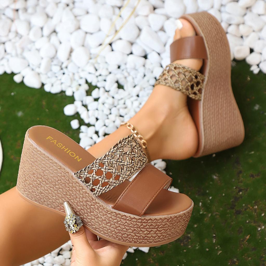 Women's Wedge Slippers Leopard Print Design Slippers Summer Peep Toe High Heels Slippers for Women Platform Sandals Roman Slides