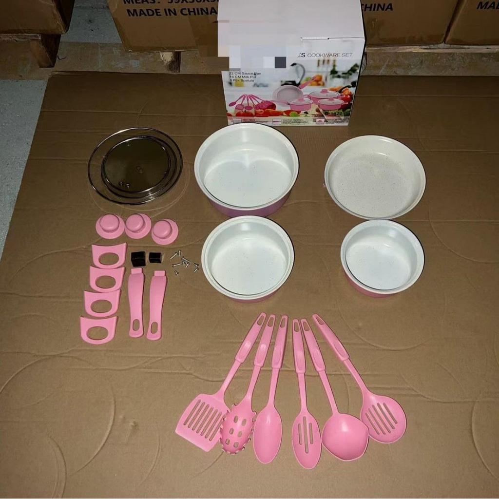 Thirteen-Piece Non-Stick Cookware Set: Includes Spatula, Soup Pot, Milk Pot, Frying Pan, and More.