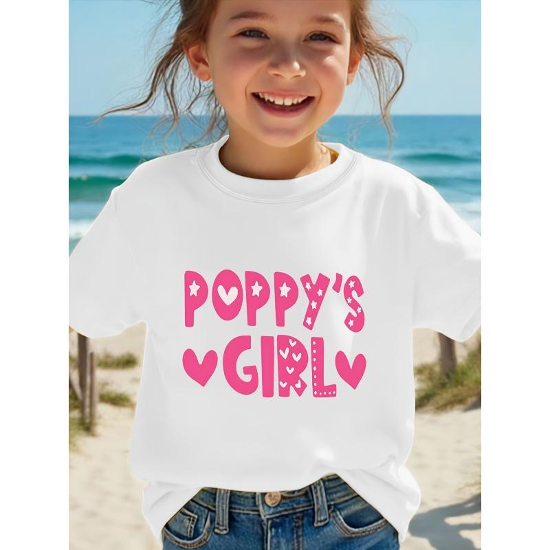 European sizes Girls  Print Casual Short Sleeve T-Shirt Breathable Summer Top with Hot Pink  Poppy s Girl  Lettering with White Hearts 110 белый