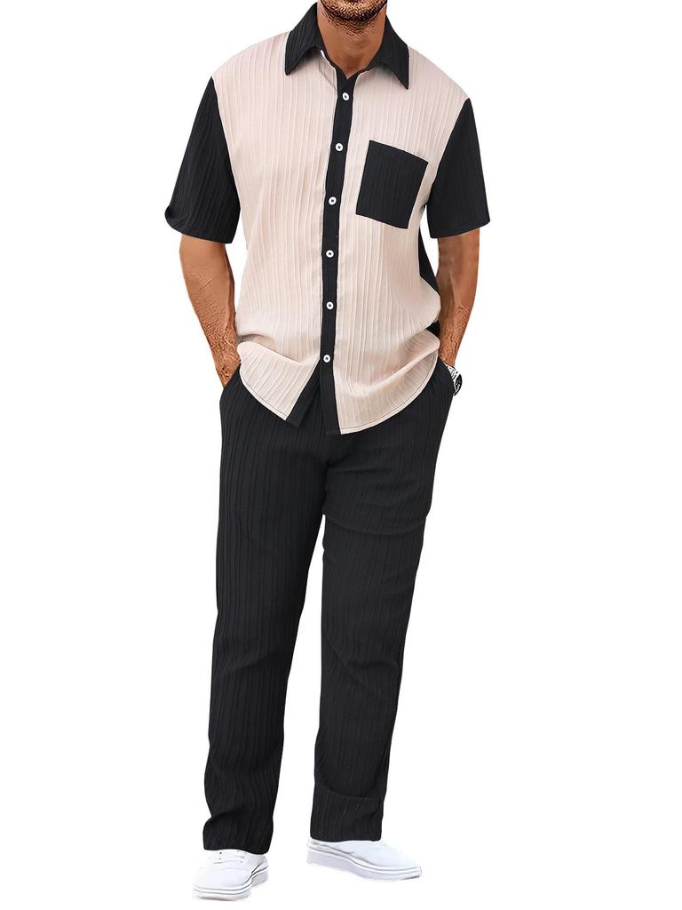 Men's 2024 Spring/Summer Color Block Waffle Corduroy Two-Piece Set
