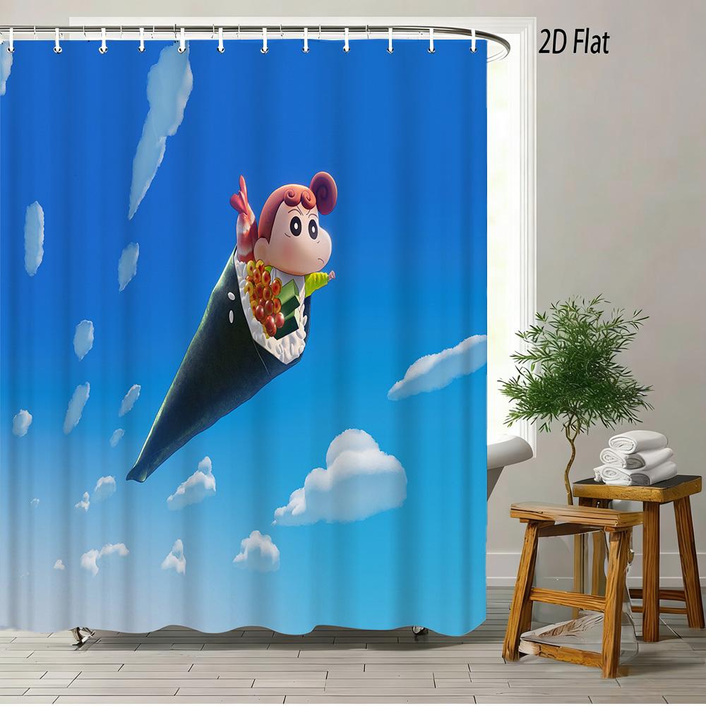 Crayon Shin-Chan & Shiro Checkerboard Pattern With Camera & Radio 2D Print Waterproof Shower Curtain, Yellow & White Bathroom De