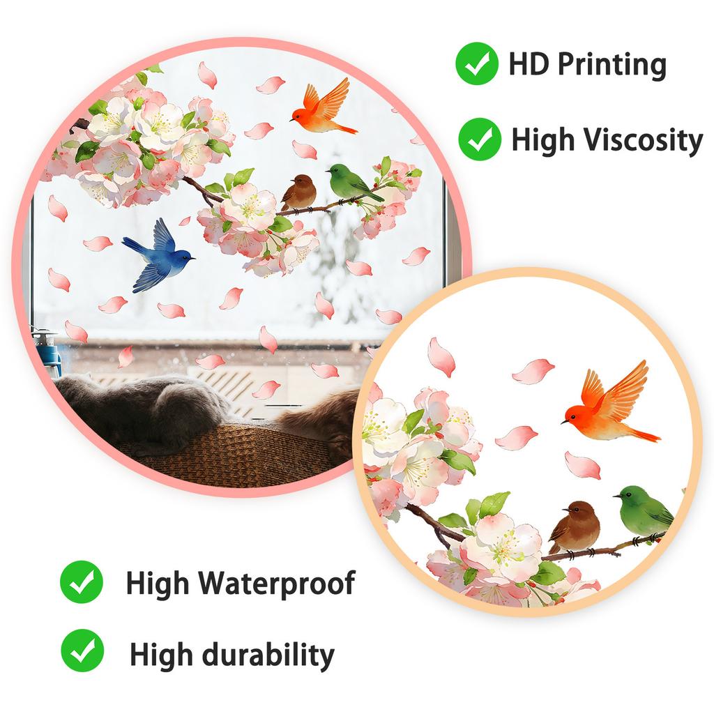 Floral Branch with Bird Static Cling Window Stickers No Glue Removable Reusable for Bedroom Living Room Study Home Decor