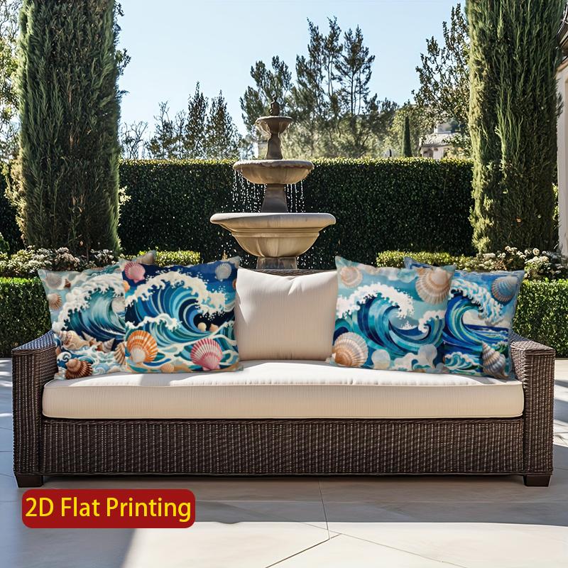 2D Ocean Waves & Shells Pillow Covers Decor Pattern Cushion Cover Suitable For Sofa Bedroom Car Pillow Cover