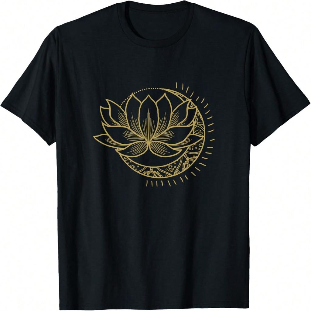 Minimal Crescent Moon Lotus Flower Space Yoga Meditation Art T-Shirt