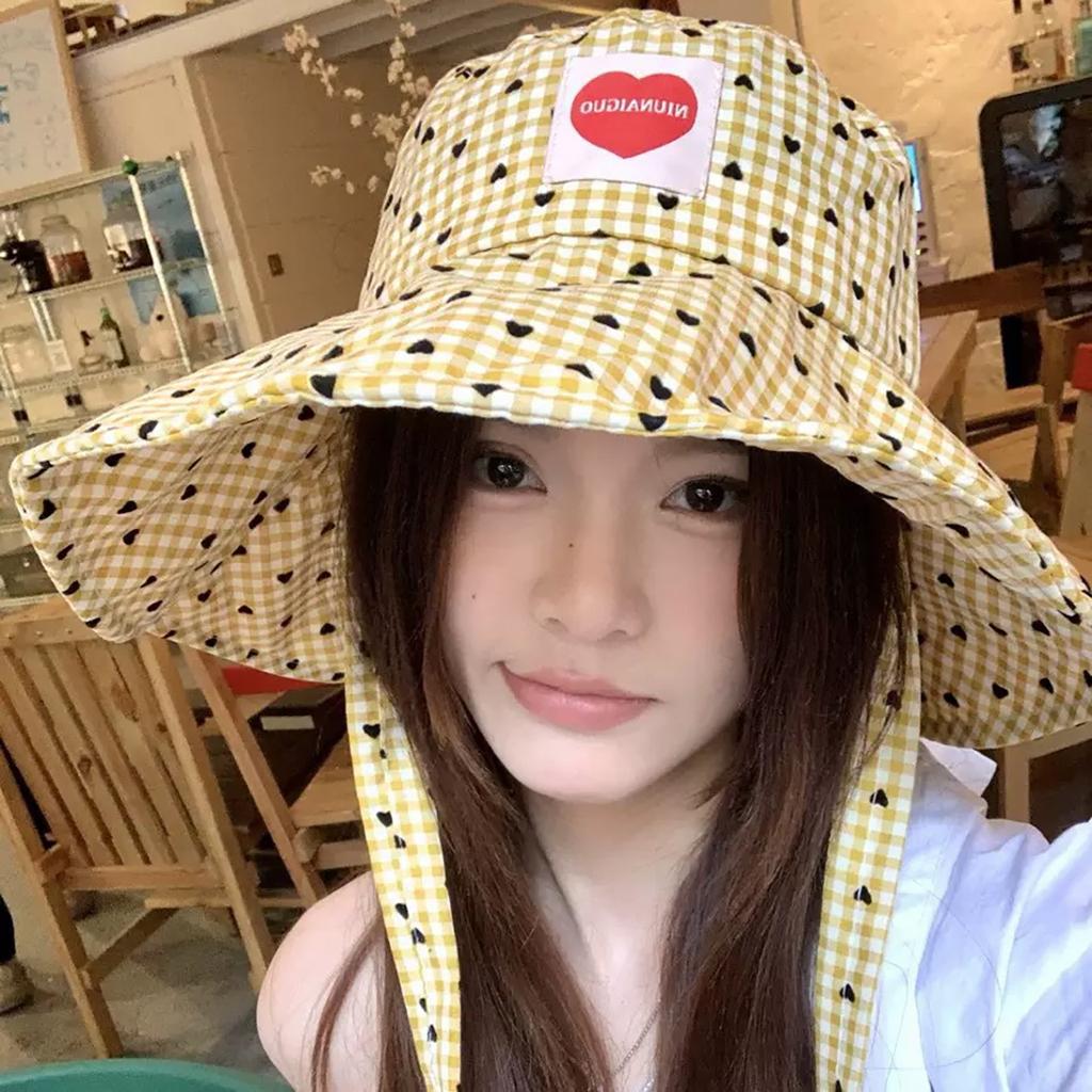 Women Summer Fisherman Hat Fashion Plaid Wide Brim Bucket Hats For Girl Ladies Outdoor Travel Sunshade Lacing Cap