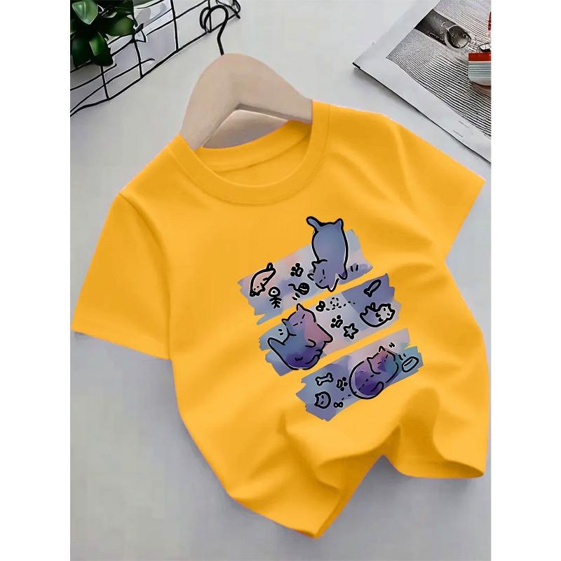 European Sizes Girls' Pink Cat Print  T-Shirt - Summer Short Sleeve Round Neck Top with Kitten & - & Casual Blouse, Cute Kitten Face Design, Easy-Care