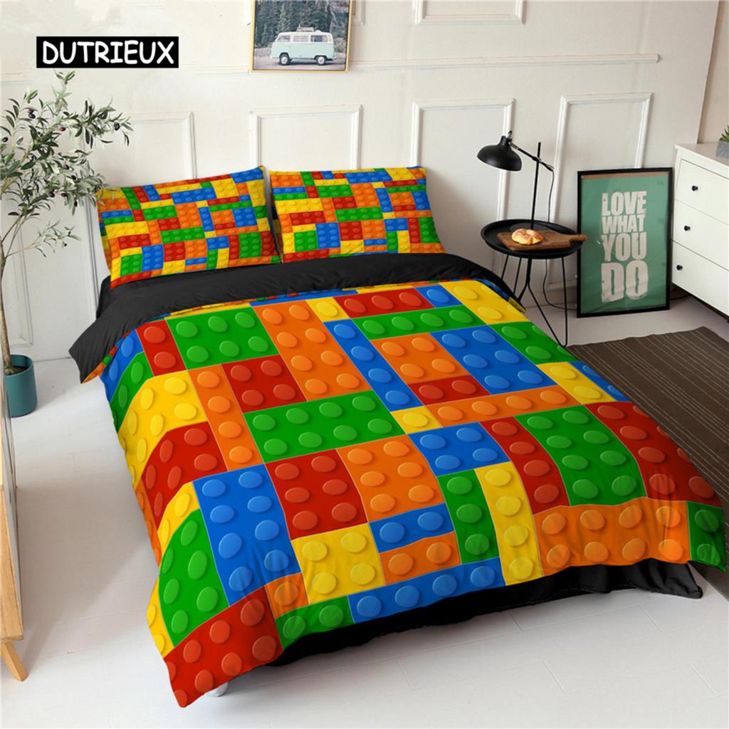 Toy Print Duvet Cover Set Dot Building Blocks Comforter Cover Microfiber Bedding Set Colorful Geometric Bricks Game Quilt Cover