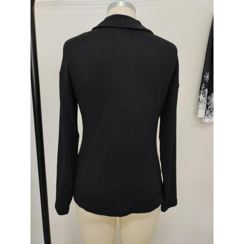 Casual Loose Knitted V Neck Zipper Long Sleeve T Shirt For Women