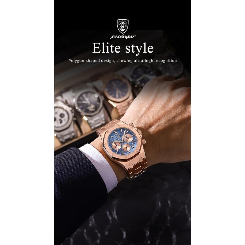 POEDAGAR Luxury Men's Watches Stainless Steel Date Chronograph Male Watch Waterproof Luminous Military Quartz Wristwatch