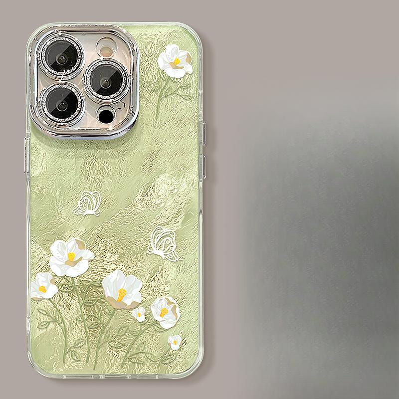 Pink Florals Suitable for Apple 16pro Glacier Pattern Mobile Phone Case 15 Full-inclusive Lens Film 14 Spring and Summer 13 Small Fresh X