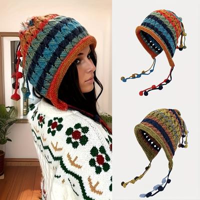 Women's Colorful Striped Print Thickened Warm Knitted Hat, Comfortable Windproof Ear Protection Travel Hat