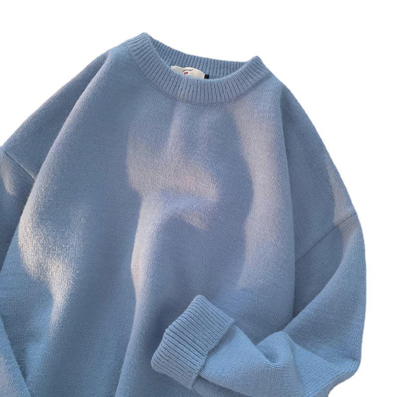 Men's Solid Color Loose Wool Sweater - Autumn/Winter Hong Kong Style, Crew Neck, Casual Versatile Knit.