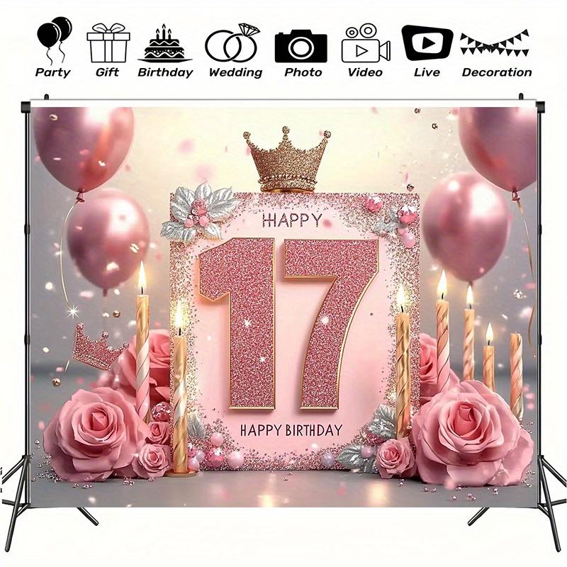 17th birthday party banner - The "Happy 17" design with pink and gold flashes, featuring balloons, roses and candles
