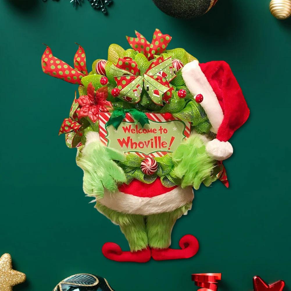 Grünes haariges Monster zum Aufhängen, Weihnachtsdieb-Kranz für den Kaminsims vor der Tür, grüne Elfenbeine, Weihnachtskranz, Heimdekoration