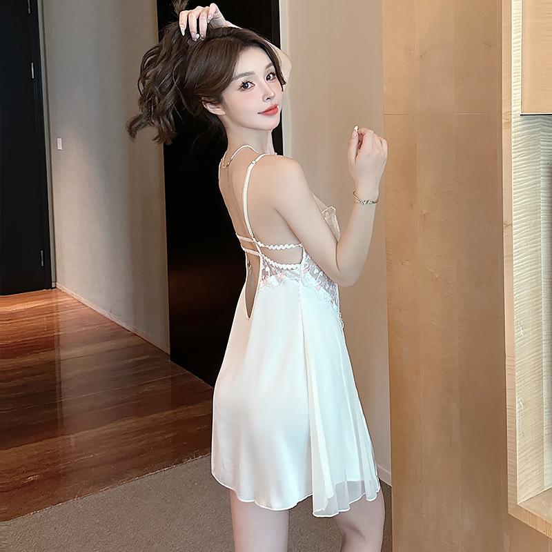 Sexy pajamas women's ice silk summer thin style with chest pad lace mesh pure desire wind suspender nightdress can be
