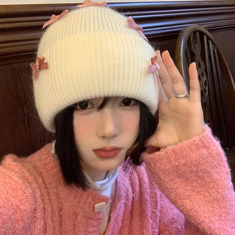 Ins New Sweet Bow Knitted Women's Hats Autumn and Winter Korean Version Fashion Warm Thickened Pullover Cute Beanies Caps