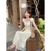 French Gentle Polka Dot Puff Sleeve Dress Women's Summer Tight Waist Elegant Slimming A- Line Skirt Vacation Style Long Dress