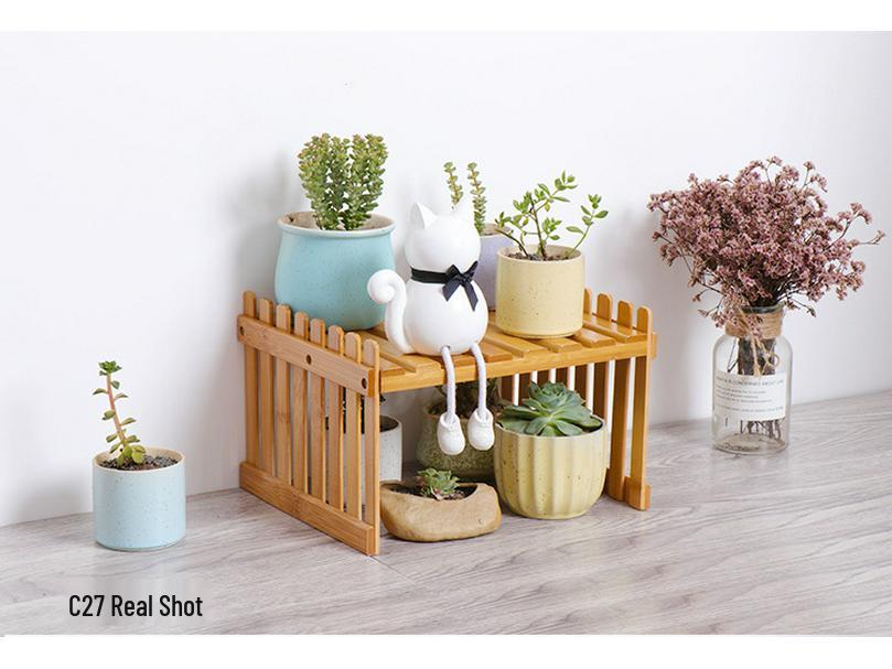 Mini Bamboo Desktop Flower Stand for Office or Window Sill - Wooden Potted Plant and Storage Rack.