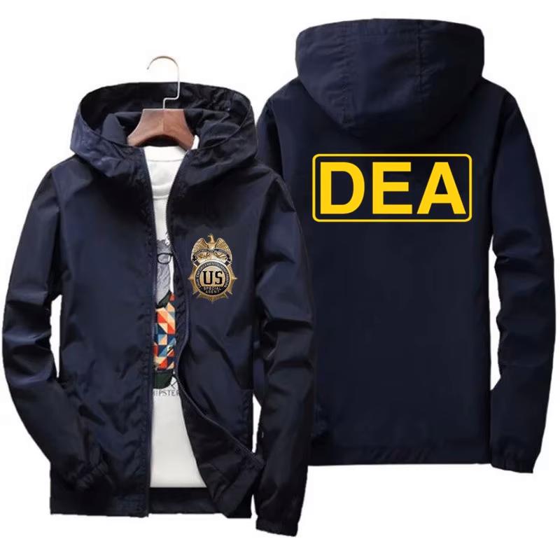 Męska kurtka typu bomber z kapturem i logo DEA, tarcza FBI, nieformalna cienka kurtka wiatroszczelna, odzież męska, Pakas, odzież wiatroszczelna