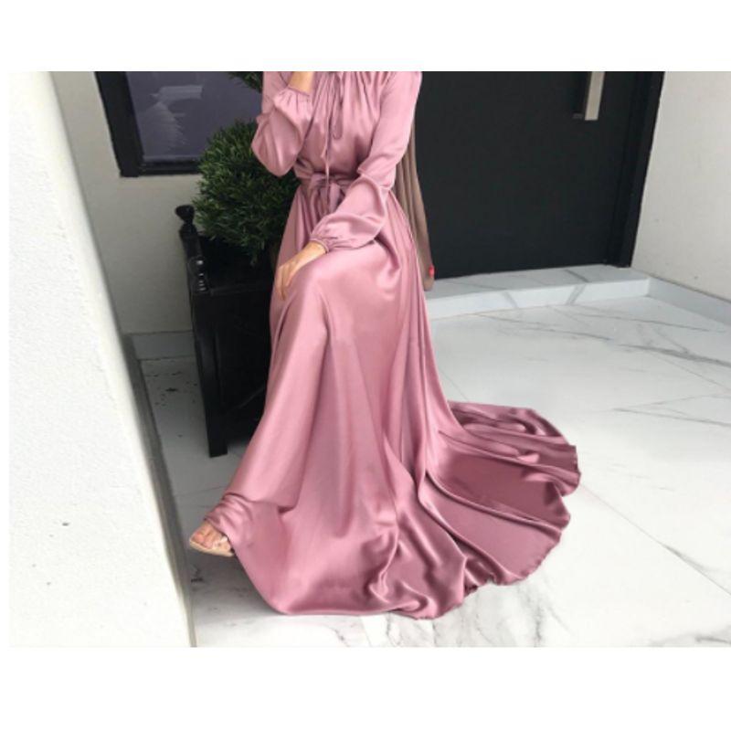 New Fashion Indonesia Middle East Dubai Satin Long Skirt Waist Artificial Silk Large Hem Long Dress Dress