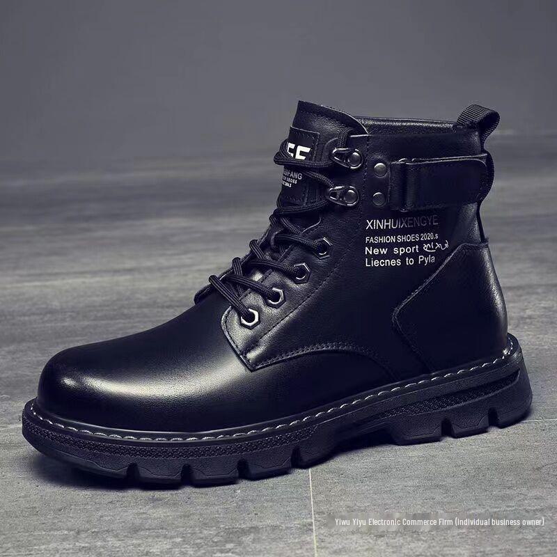 Pánské černé vysoké motocyklové kožené boty v britském stylu na jaro a podzim, pracovní obuv.